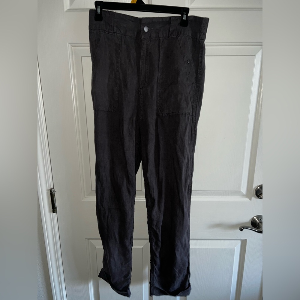 Tahari‎ Charcoal Gray 100% Linen Elastic Waist Tapered Ankle sz Large